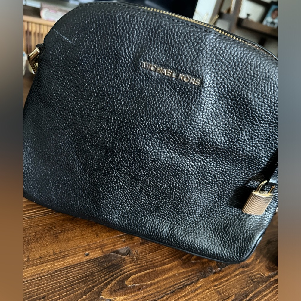 Michael Kors Black Saffiano Leather Cindy Crossbody with Gold Chain